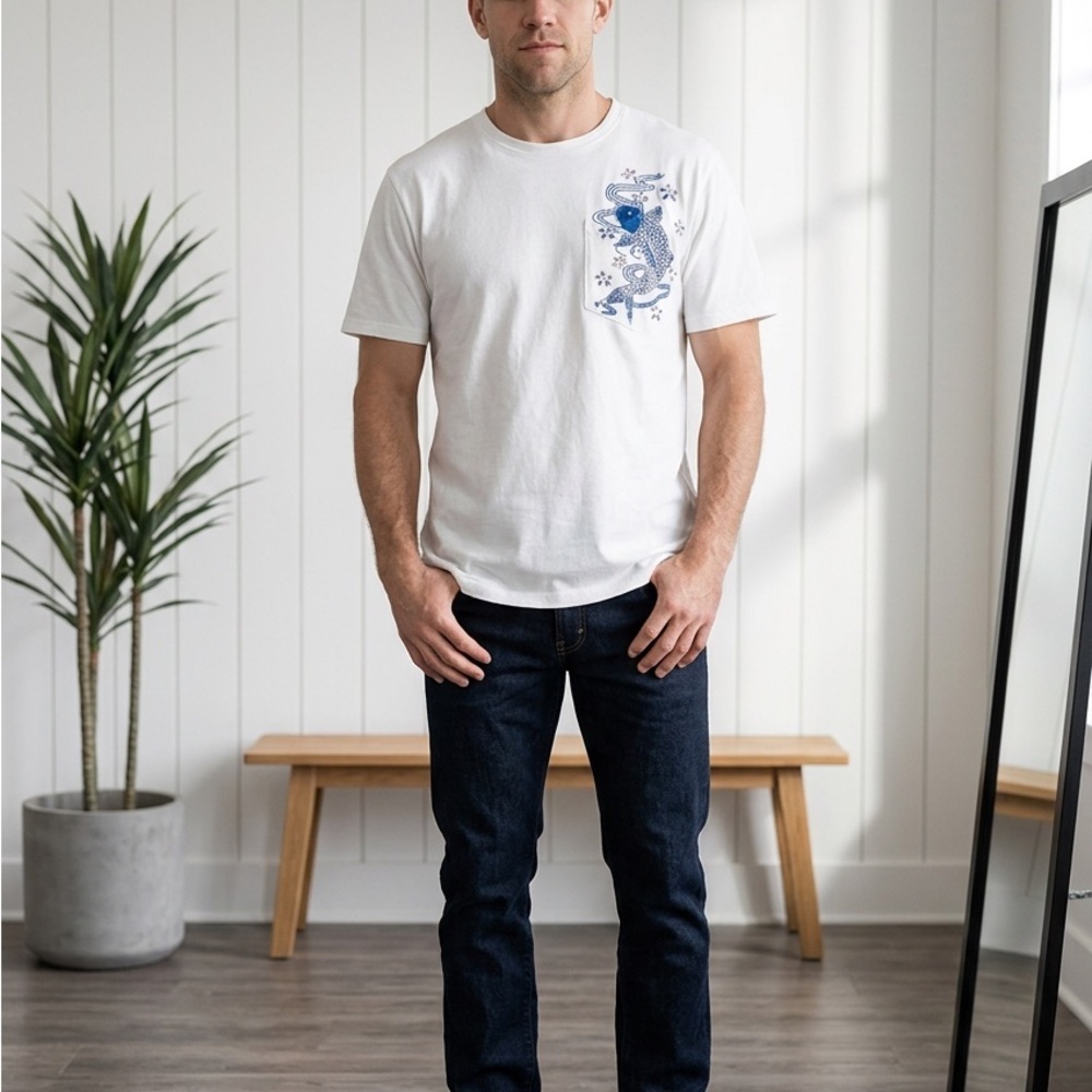 NIEPCE Men's L White Blue Embroidered Koi Fish Graphic T-Shirt Short Sleeve